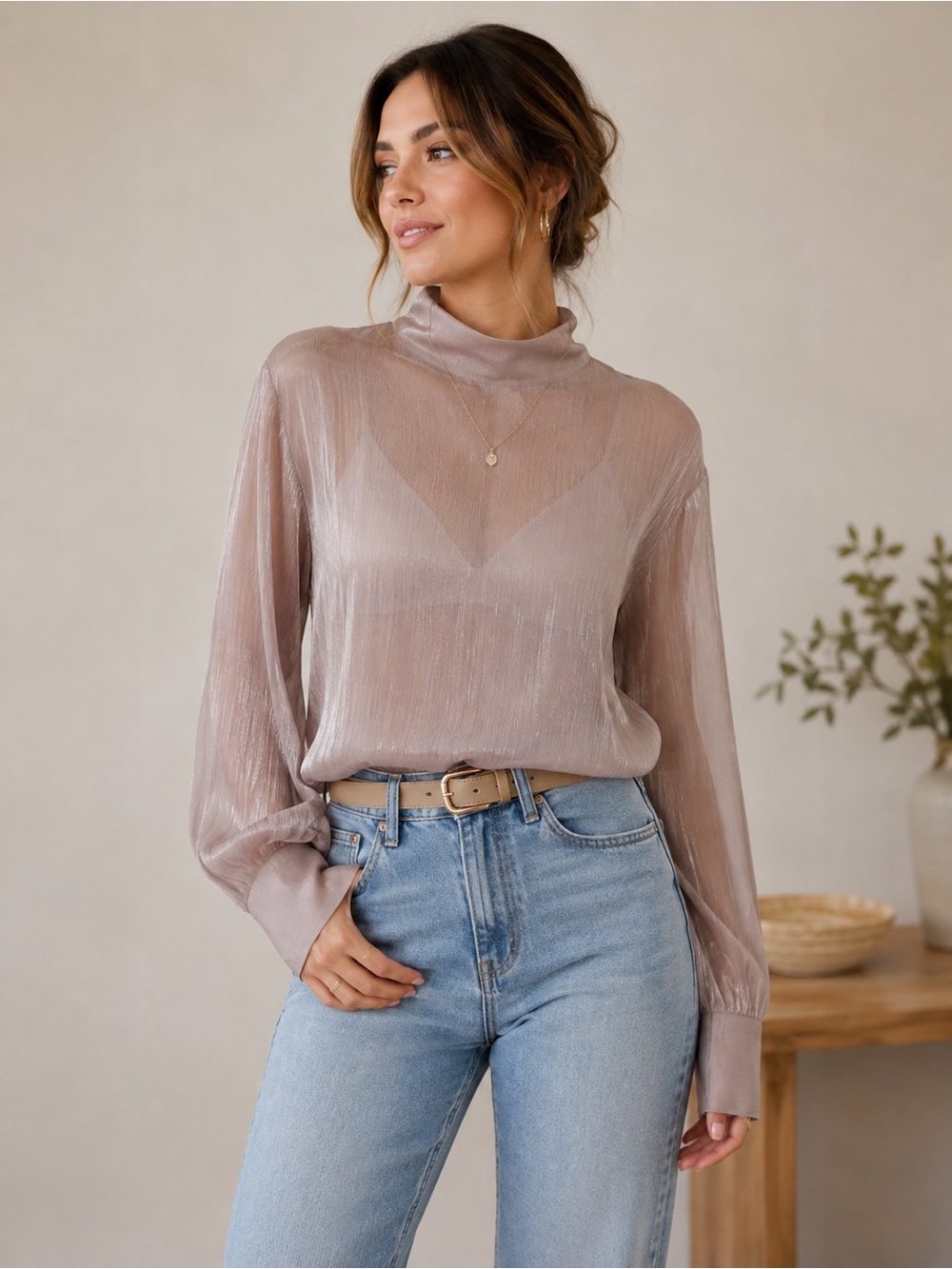 Sheer Mock Neck Long Sleeve Top Pale Lavender NWT